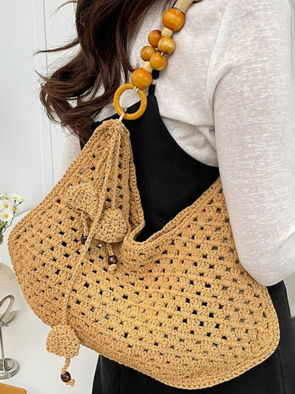 Women's Crochet Hobo Bag | Boho Woven Shoulder Purse | Summer Beach Bag | New - Picture 2 of 6
